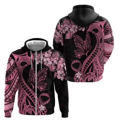 Polynesian Floral Butterfly Zip Hoodie Breast Cancer Support Pink Ribbon