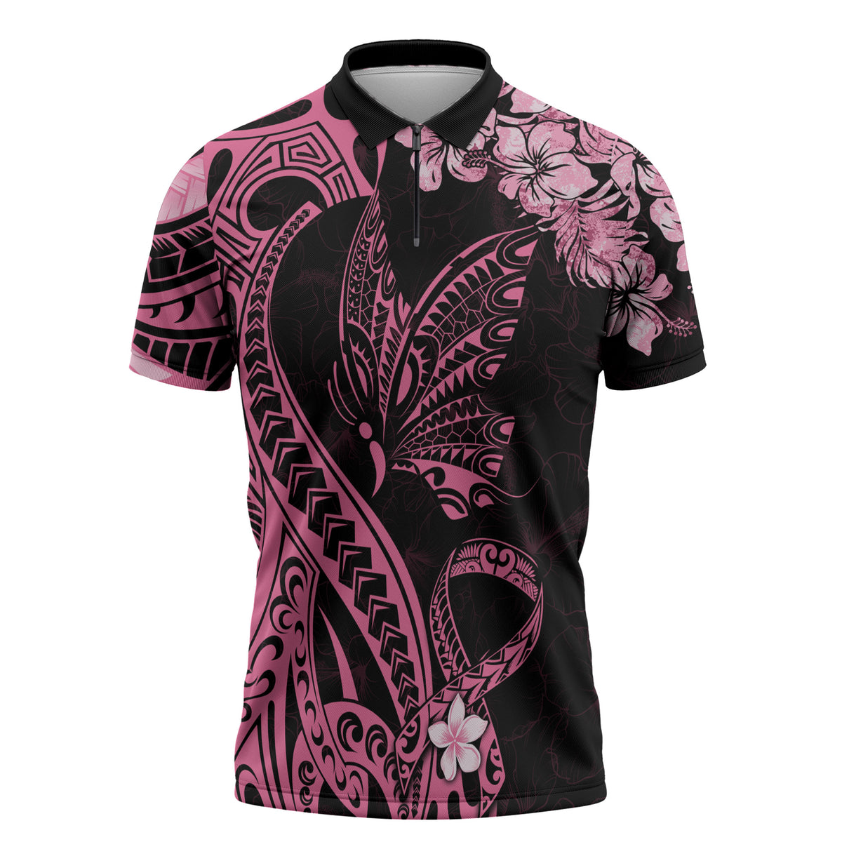 Polynesian Floral Butterfly Zipper Polo Shirt Breast Cancer Support Pink Ribbon