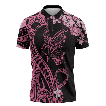 Polynesian Floral Butterfly Zipper Polo Shirt Breast Cancer Support Pink Ribbon