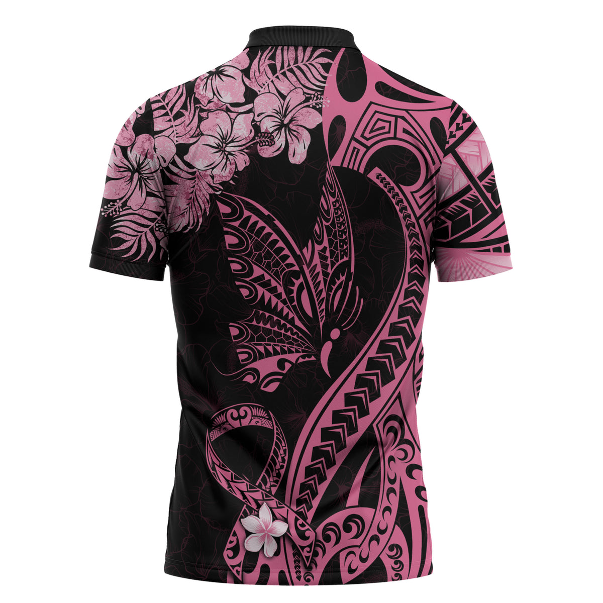 Polynesian Floral Butterfly Zipper Polo Shirt Breast Cancer Support Pink Ribbon