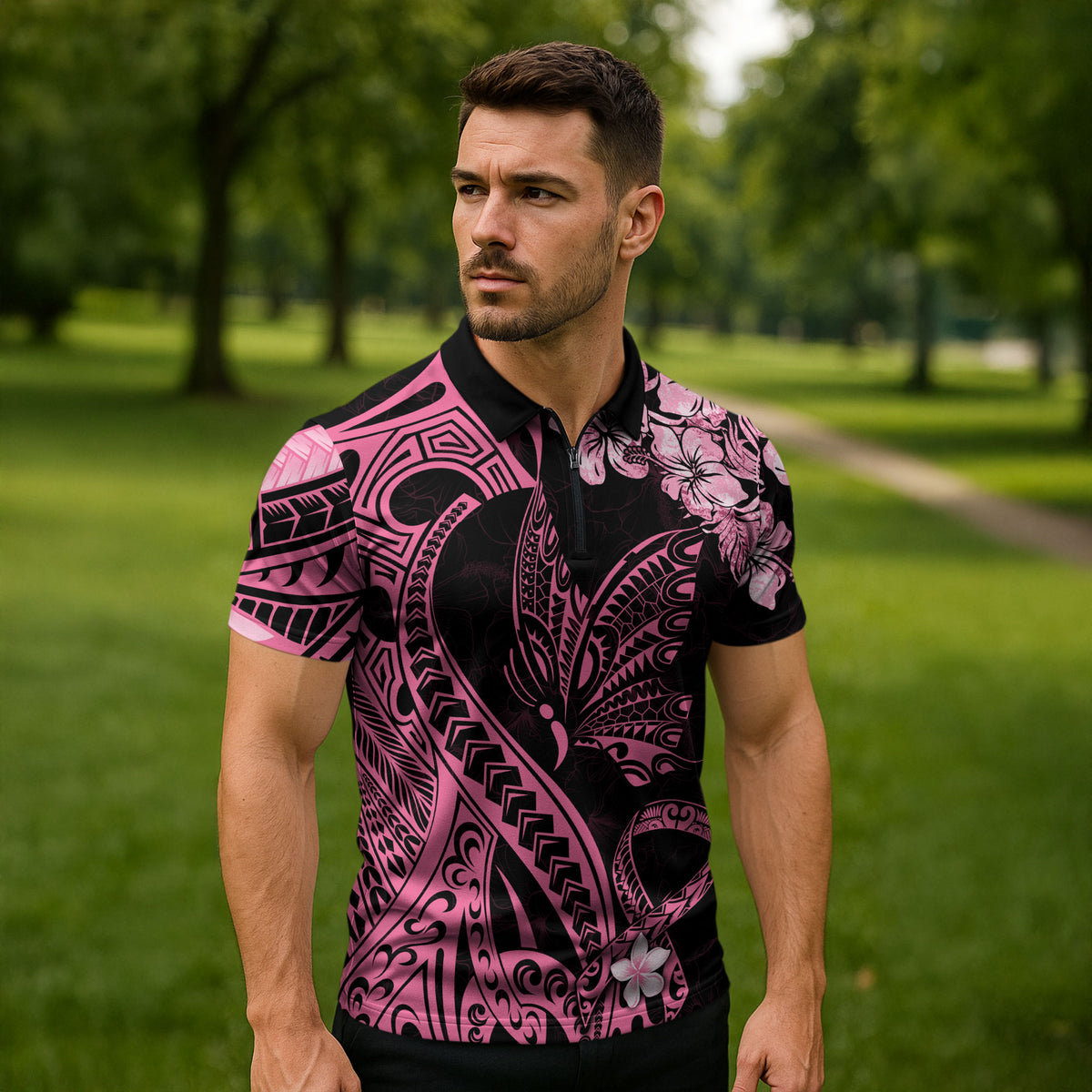Polynesian Floral Butterfly Zipper Polo Shirt Breast Cancer Support Pink Ribbon