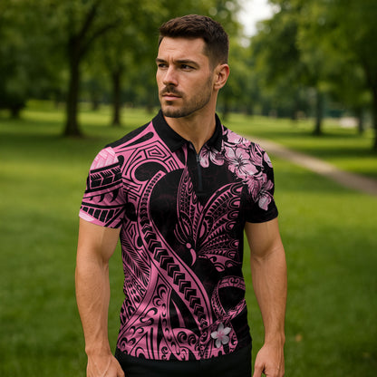 Polynesian Floral Butterfly Zipper Polo Shirt Breast Cancer Support Pink Ribbon