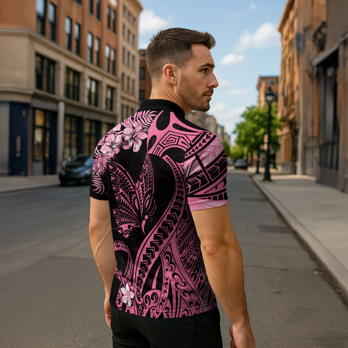 Polynesian Floral Butterfly Zipper Polo Shirt Breast Cancer Support Pink Ribbon