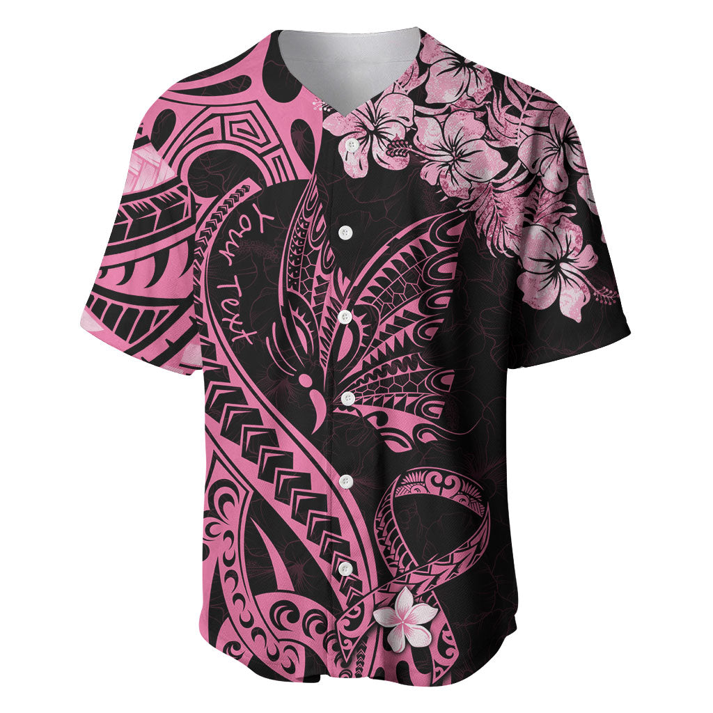 Personalised Polynesian Floral Butterfly Baseball Jersey Breast Cancer Support Pink Ribbon