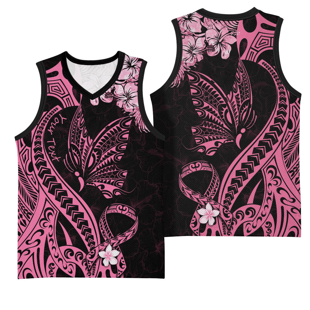 Personalised Polynesian Floral Butterfly Basketball Jersey Breast Cancer Support Pink Ribbon