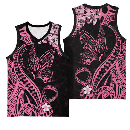 Personalised Polynesian Floral Butterfly Basketball Jersey Breast Cancer Support Pink Ribbon