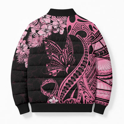 Personalised Polynesian Floral Butterfly Bomber Puffer Jacket Breast Cancer Support Pink Ribbon