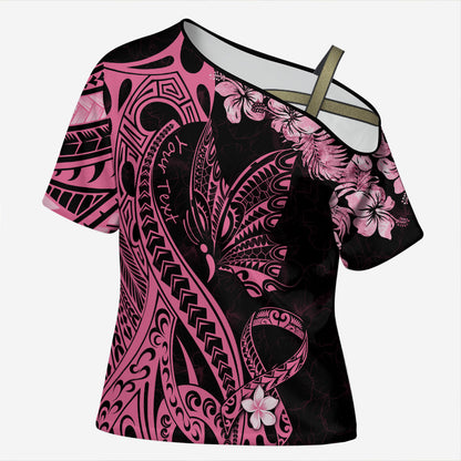 Personalised Polynesian Floral Butterfly Cross Shoulder Shirt Breast Cancer Support Pink Ribbon