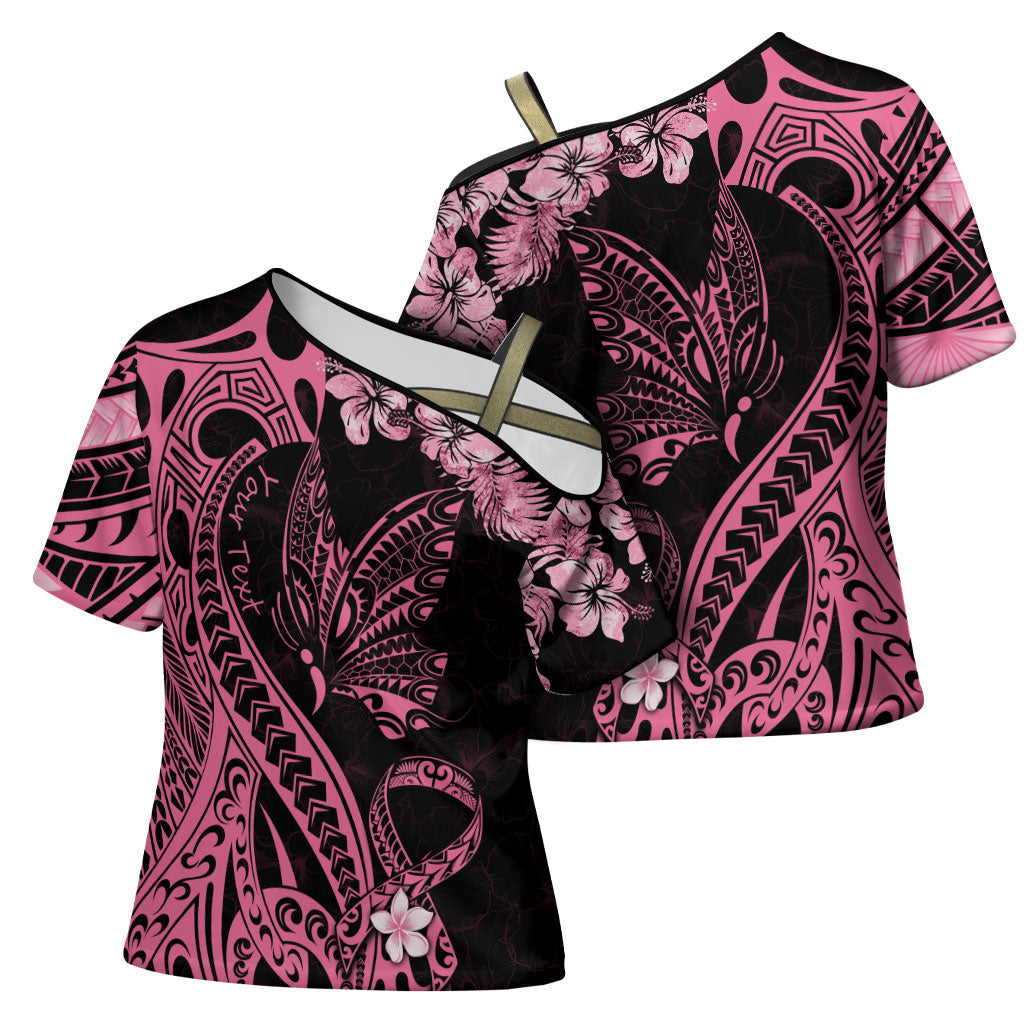 Personalised Polynesian Floral Butterfly Cross Shoulder Shirt Breast Cancer Support Pink Ribbon