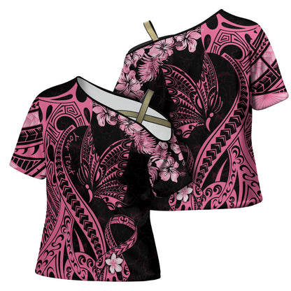 Personalised Polynesian Floral Butterfly Cross Shoulder Shirt Breast Cancer Support Pink Ribbon