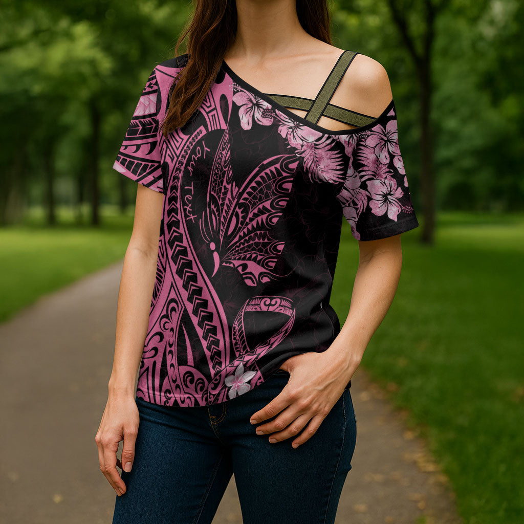 Personalised Polynesian Floral Butterfly Cross Shoulder Shirt Breast Cancer Support Pink Ribbon
