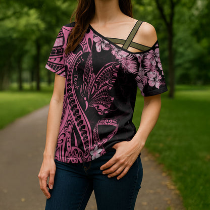 Personalised Polynesian Floral Butterfly Cross Shoulder Shirt Breast Cancer Support Pink Ribbon