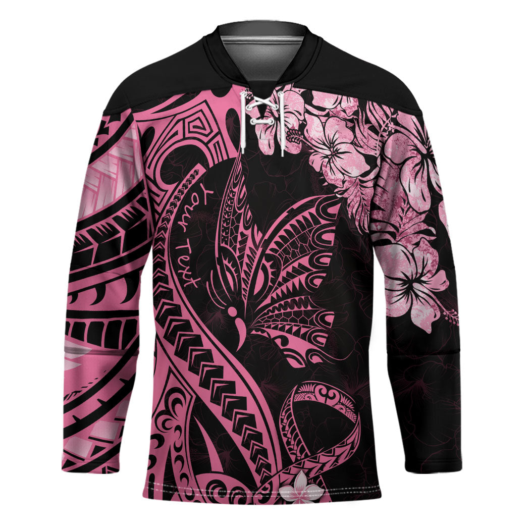 Personalised Polynesian Floral Butterfly Hockey Jersey Breast Cancer Support Pink Ribbon