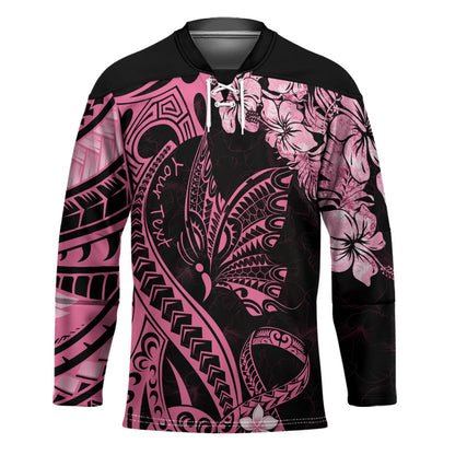 Personalised Polynesian Floral Butterfly Hockey Jersey Breast Cancer Support Pink Ribbon