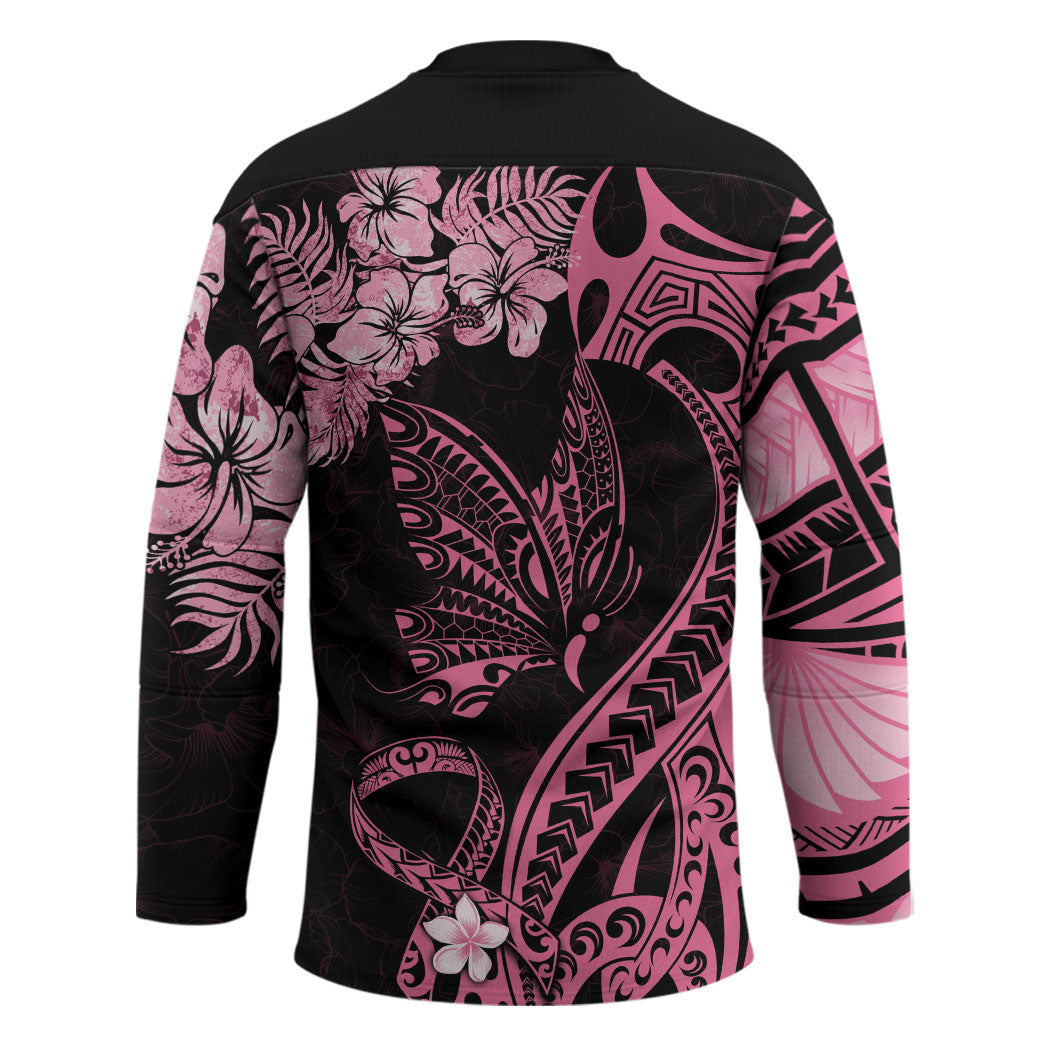 Personalised Polynesian Floral Butterfly Hockey Jersey Breast Cancer Support Pink Ribbon