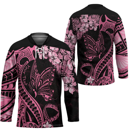 Personalised Polynesian Floral Butterfly Hockey Jersey Breast Cancer Support Pink Ribbon