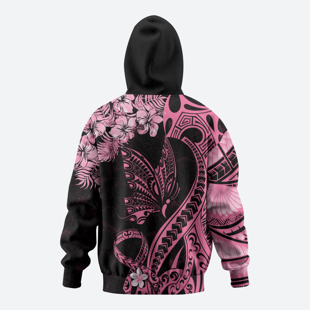 Personalised Polynesian Floral Butterfly Hoodie Breast Cancer Support Pink Ribbon