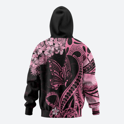 Personalised Polynesian Floral Butterfly Hoodie Breast Cancer Support Pink Ribbon