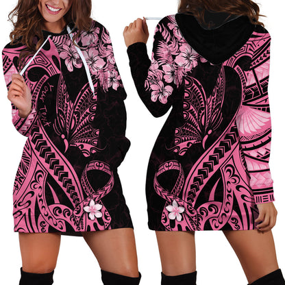 Personalised Polynesian Floral Butterfly Hoodie Dress Breast Cancer Support Pink Ribbon