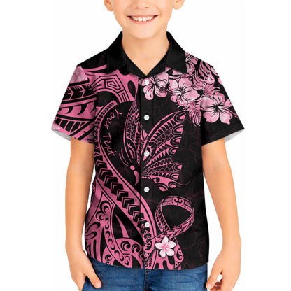 Personalised Polynesian Floral Butterfly Kid Hawaiian Shirt Breast Cancer Support Pink Ribbon