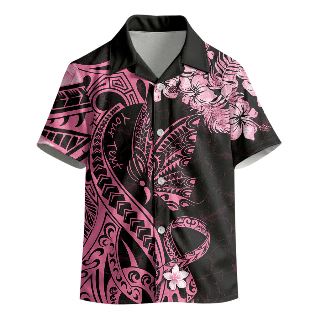 Personalised Polynesian Floral Butterfly Kid Hawaiian Shirt Breast Cancer Support Pink Ribbon