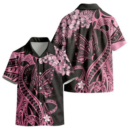 Personalised Polynesian Floral Butterfly Kid Hawaiian Shirt Breast Cancer Support Pink Ribbon