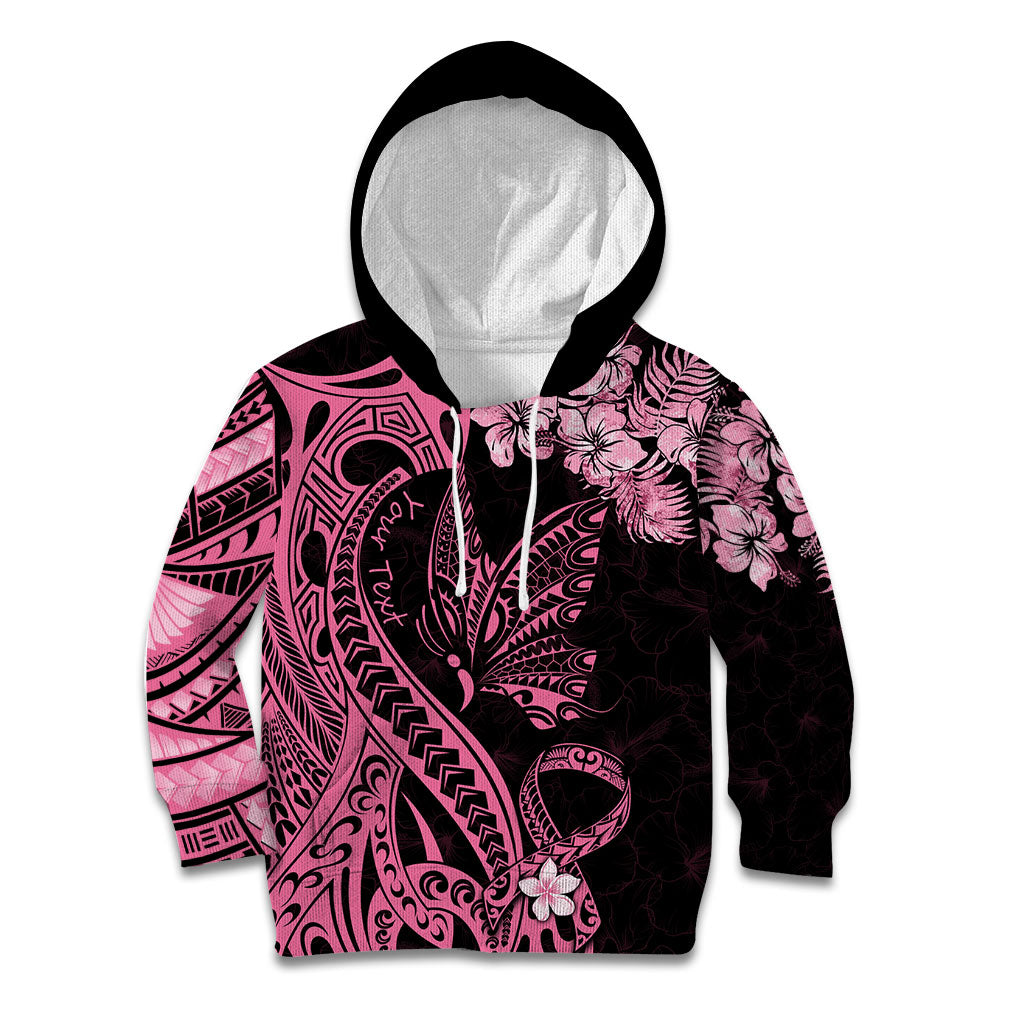 Personalised Polynesian Floral Butterfly Kid Hoodie Breast Cancer Support Pink Ribbon