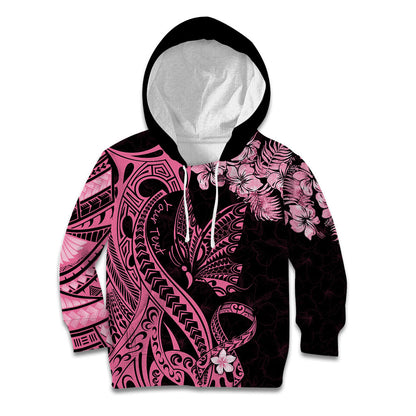 Personalised Polynesian Floral Butterfly Kid Hoodie Breast Cancer Support Pink Ribbon