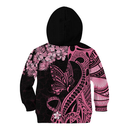 Personalised Polynesian Floral Butterfly Kid Hoodie Breast Cancer Support Pink Ribbon