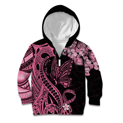Personalised Polynesian Floral Butterfly Kid Hoodie Breast Cancer Support Pink Ribbon