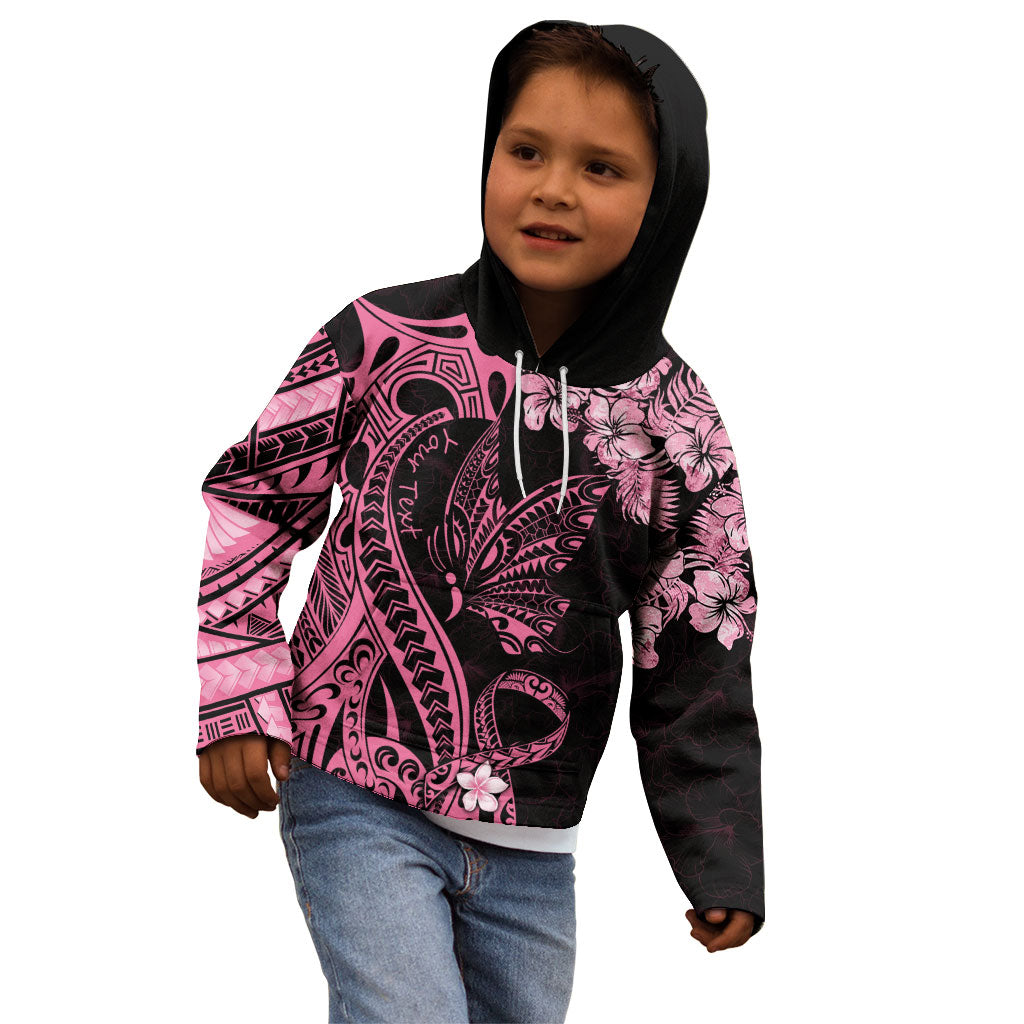 Personalised Polynesian Floral Butterfly Kid Hoodie Breast Cancer Support Pink Ribbon