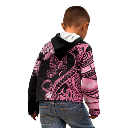 Personalised Polynesian Floral Butterfly Kid Hoodie Breast Cancer Support Pink Ribbon