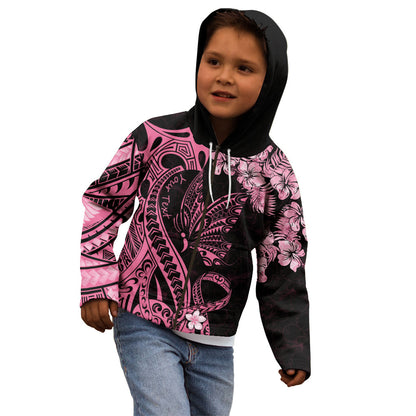Personalised Polynesian Floral Butterfly Kid Hoodie Breast Cancer Support Pink Ribbon