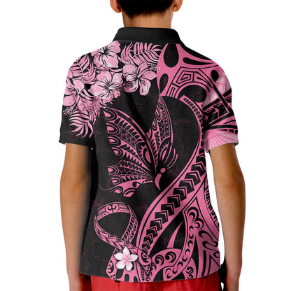 Personalised Polynesian Floral Butterfly Kid Polo Shirt Breast Cancer Support Pink Ribbon