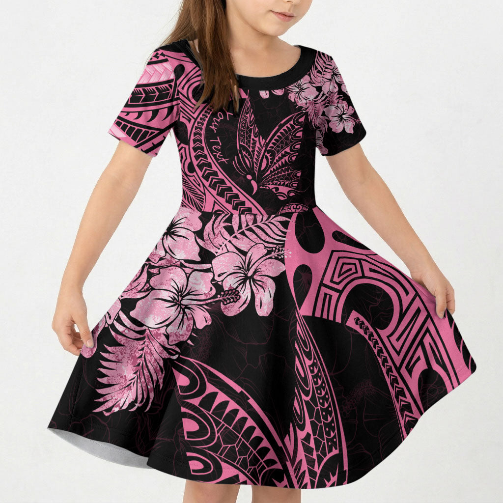 Personalised Polynesian Floral Butterfly Kid Short Sleeve Dress Breast Cancer Support Pink Ribbon