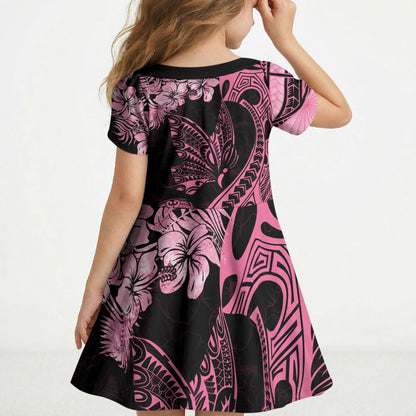 Personalised Polynesian Floral Butterfly Kid Short Sleeve Dress Breast Cancer Support Pink Ribbon