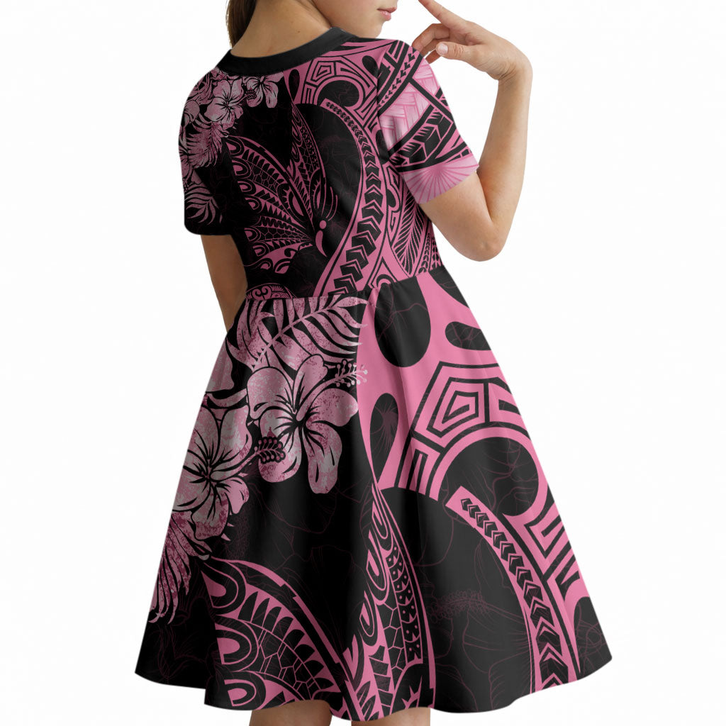 Personalised Polynesian Floral Butterfly Kid Short Sleeve Dress Breast Cancer Support Pink Ribbon