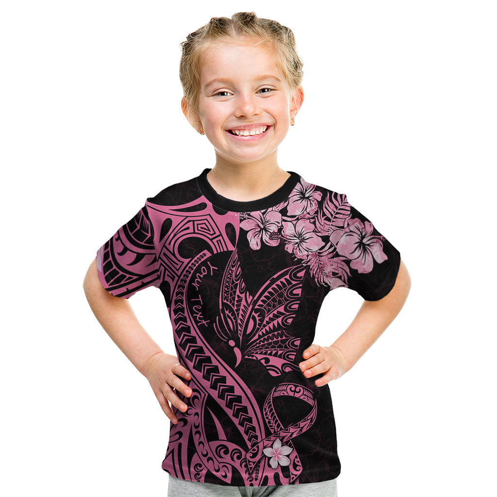 Personalised Polynesian Floral Butterfly Kid T Shirt Breast Cancer Support Pink Ribbon