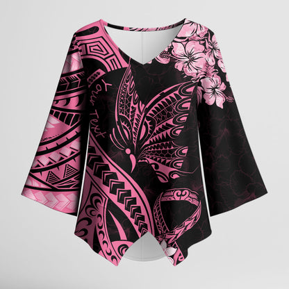 Personalised Polynesian Floral Butterfly Kimono Sleeve Blouse Breast Cancer Support Pink Ribbon