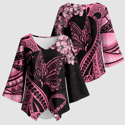 Personalised Polynesian Floral Butterfly Kimono Sleeve Blouse Breast Cancer Support Pink Ribbon