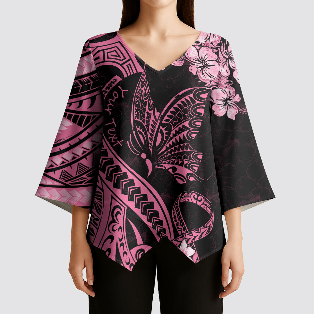Personalised Polynesian Floral Butterfly Kimono Sleeve Blouse Breast Cancer Support Pink Ribbon