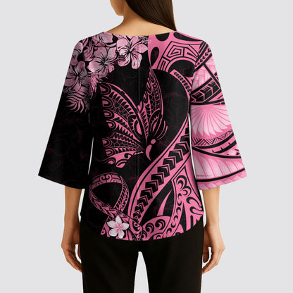 Personalised Polynesian Floral Butterfly Kimono Sleeve Blouse Breast Cancer Support Pink Ribbon
