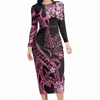 Personalised Polynesian Floral Butterfly Long Sleeve Bodycon Dress Breast Cancer Support Pink Ribbon