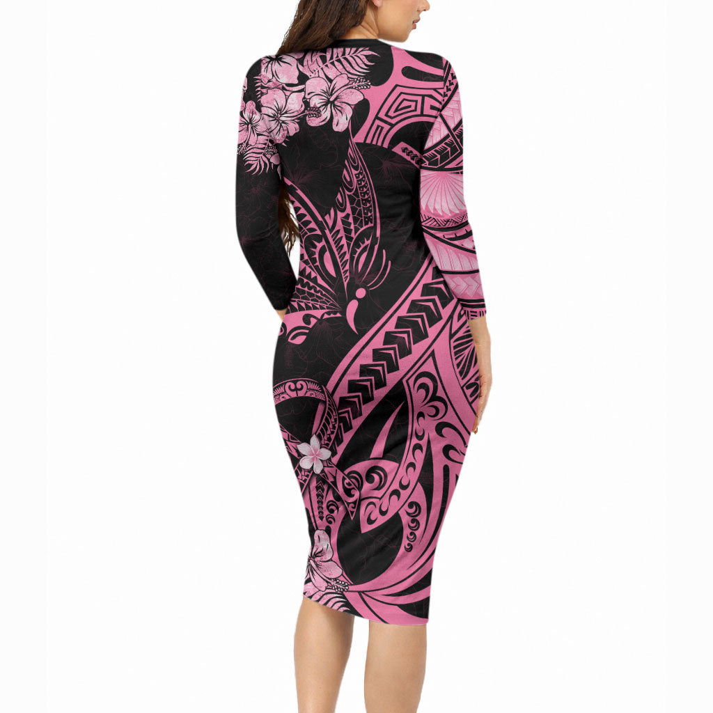 Personalised Polynesian Floral Butterfly Long Sleeve Bodycon Dress Breast Cancer Support Pink Ribbon