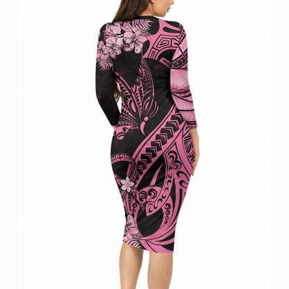 Personalised Polynesian Floral Butterfly Long Sleeve Bodycon Dress Breast Cancer Support Pink Ribbon