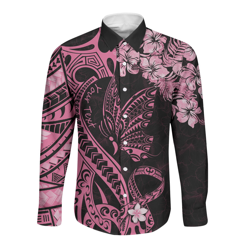 Personalised Polynesian Floral Butterfly Long Sleeve Button Shirt Breast Cancer Support Pink Ribbon