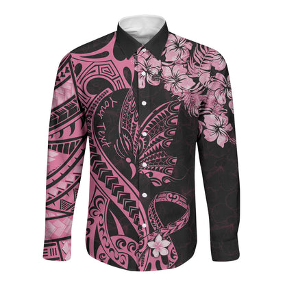 Personalised Polynesian Floral Butterfly Long Sleeve Button Shirt Breast Cancer Support Pink Ribbon