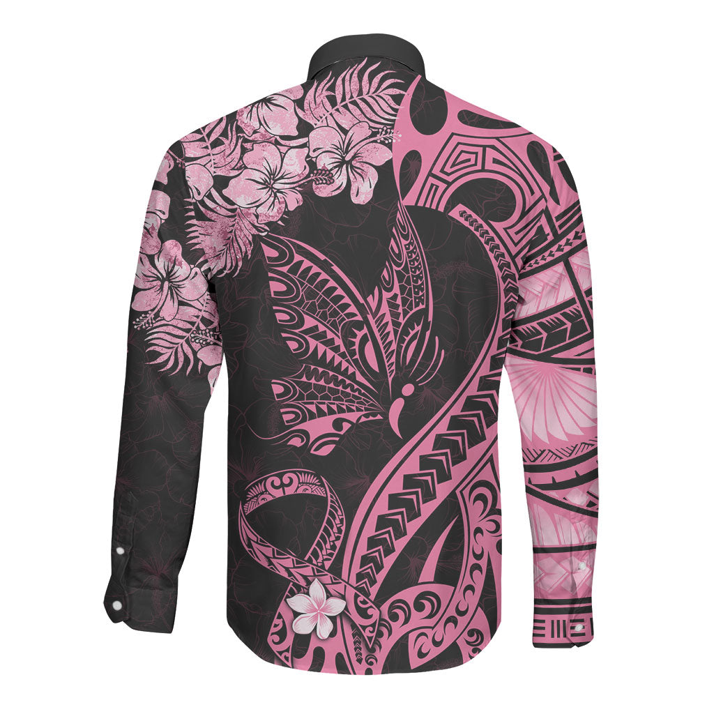Personalised Polynesian Floral Butterfly Long Sleeve Button Shirt Breast Cancer Support Pink Ribbon