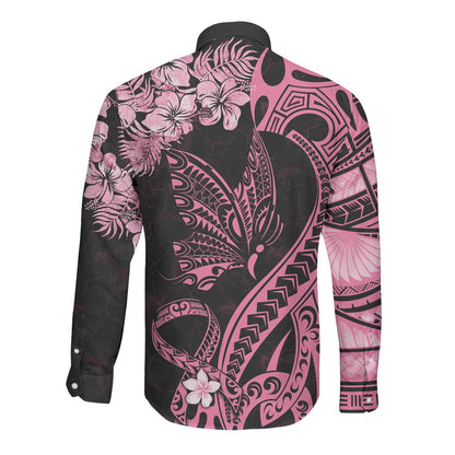 Personalised Polynesian Floral Butterfly Long Sleeve Button Shirt Breast Cancer Support Pink Ribbon