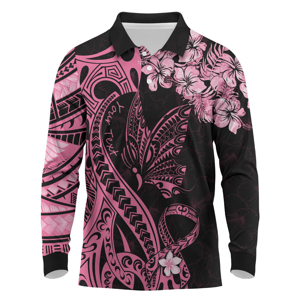 Personalised Polynesian Floral Butterfly Long Sleeve Polo Shirt Breast Cancer Support Pink Ribbon